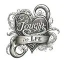 A heart-shaped fishing hook with the words 'Tough Life' intertwined in the design, reflecting the client's love for fishing and resilience in the face of adversity tattoo design idea