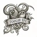 A heart-shaped fishing hook with the words 'Tough Life' intertwined in the design, reflecting the client's love for fishing and resilience in the face of adversity tattoo design idea