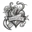 A heart-shaped fishing hook with the words 'Tough Life' intertwined in the design, reflecting the client's love for fishing and resilience in the face of adversity tattoo design idea