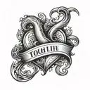 A heart-shaped fishing hook with the words 'Tough Life' intertwined in the design, reflecting the client's love for fishing and resilience in the face of adversity tattoo design idea
