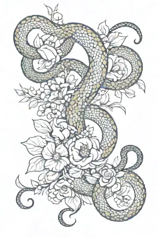 Snake wrapping, flowers around it tattoo design idea