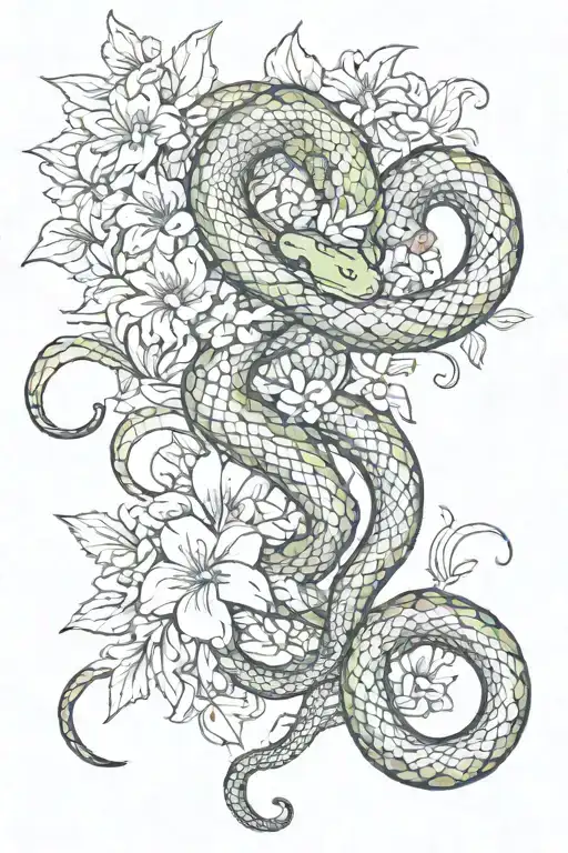 Snake wrapping, flowers around it tattoo design idea