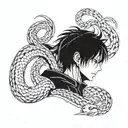 Combine elements of Tokyo Ghoul and Hunter x Hunter to create a unique anime-inspired tattoo design featuring a fierce and mysterious character, incorporating snakes as a symbol of power and transformation tattoo design idea