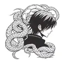 Combine elements of Tokyo Ghoul and Hunter x Hunter to create a unique anime-inspired tattoo design featuring a fierce and mysterious character, incorporating snakes as a symbol of power and transformation tattoo design idea