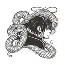 Combine elements of Tokyo Ghoul and Hunter x Hunter to create a unique anime-inspired tattoo design featuring a fierce and mysterious character, incorporating snakes as a symbol of power and transformation tattoo design idea