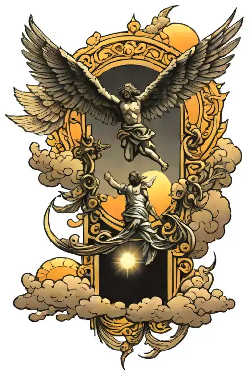 heaven gates, Icarus falling, angel, sun setting, clouds  tattoo design idea
