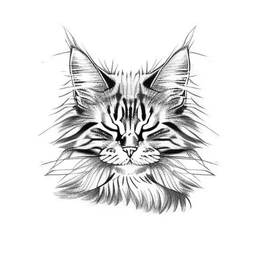 Maine coon cat asleep with tail wrapped around body tattoo design idea