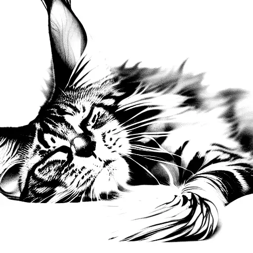 Maine coon cat asleep with tail wrapped around body tattoo design idea