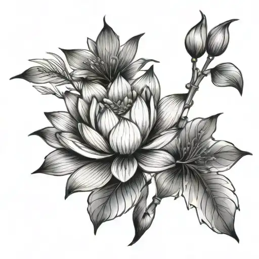 lotus flower + hawthorns + bamboo tattoo design idea