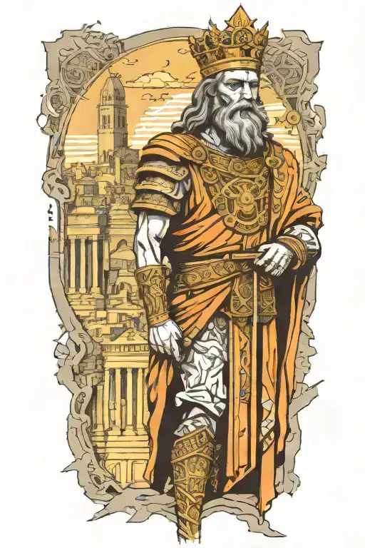King david with ruined city background black and grey tattoo tattoo design idea