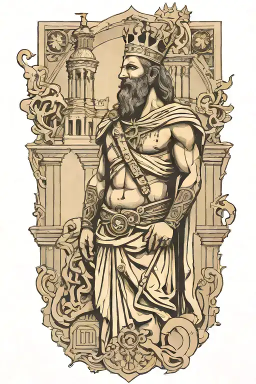 King david with ruined city background black and grey tattoo tattoo design idea