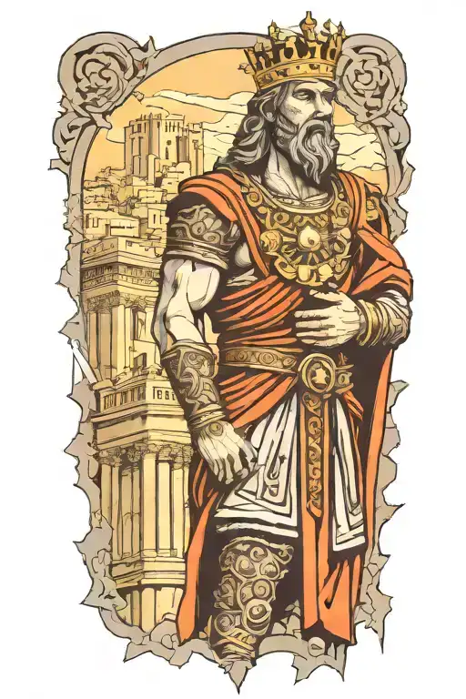 King david with ruined city background black and grey tattoo tattoo design idea
