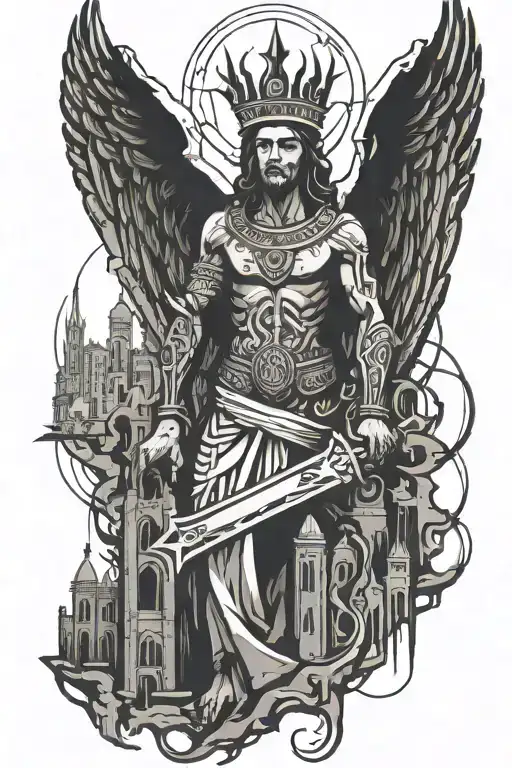 King Solomon angel over city ruins tattoo design idea