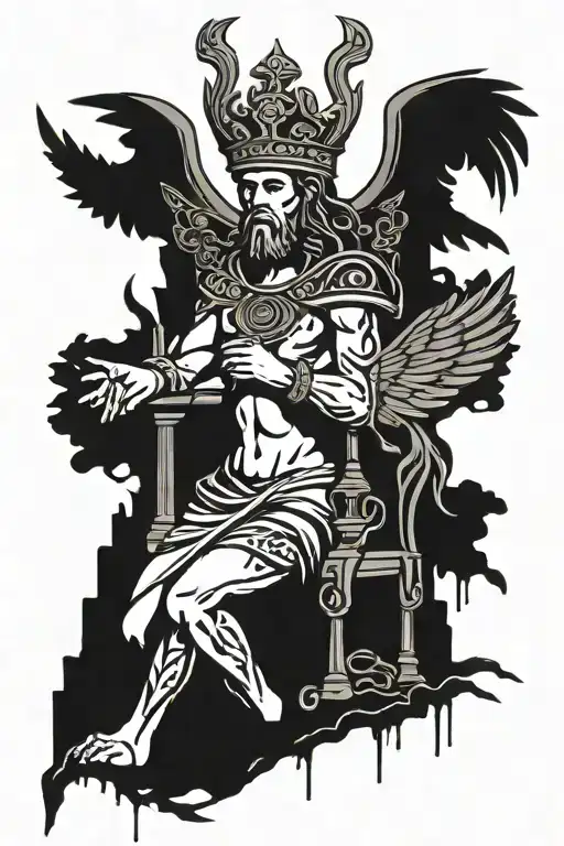 King Solomon with wings over ruins and fallen pillars  tattoo design idea