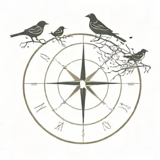 A silhouette of a family of birds, each representing one of your children, perched on a compass pointing towards home tattoo design idea