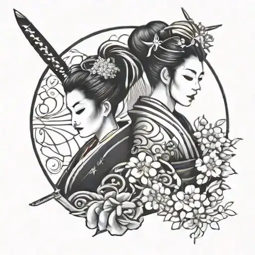 geisha and samurai facing tattoo design idea