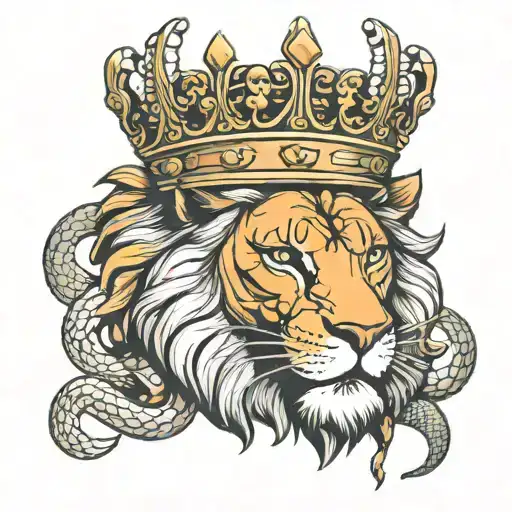 lion with crown and snake intertwined tattoo design idea