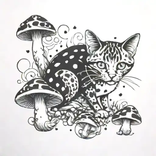 fire RedCrazyCat with mushrooms  tattoo design idea