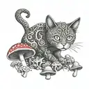 fire RedCrazyCat with mushrooms  tattoo design idea