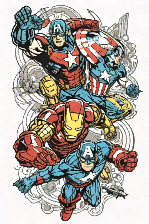 Sleeve tattoo featuring the avengers characters captain America and iron man then transformers characters tattoo design idea