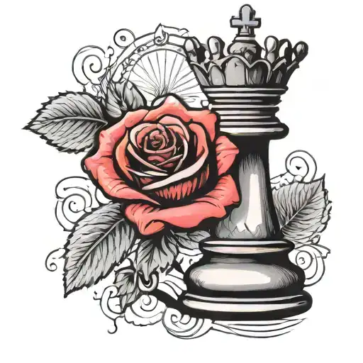 queen chess piece with single rose behind it tattoo design idea