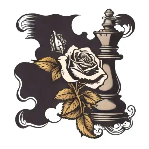 queen chess piece with single rose behind it from top tattoo design idea