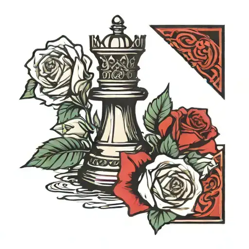 queen chess piece with single rose behind it tattoo design idea
