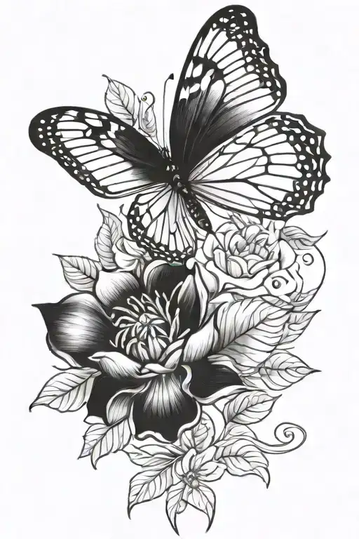 An elegant black and grey tattoo of a butterfly resting on a beautiful flower, symbolizing tranquility and beauty tattoo design idea