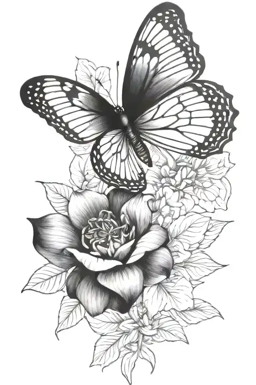 An elegant black and grey tattoo of a butterfly resting on a beautiful flower, symbolizing tranquility and beauty tattoo design idea