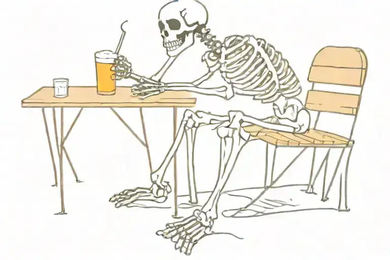 an skeleton drinking a beer on a bench and smoking a cigarette  tattoo design idea