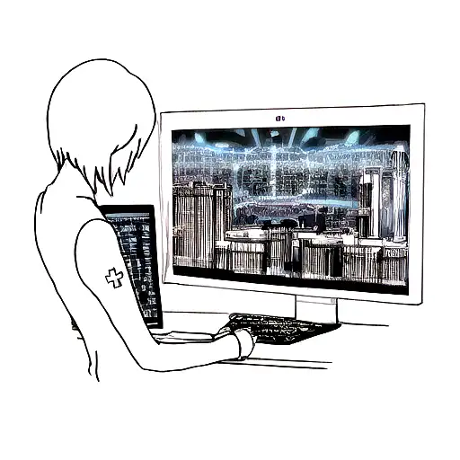 A blackwork tattoo of Kurapika programming on a computer with a futuristic cityscape in the background tattoo design idea