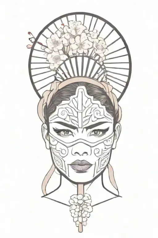 feminine female warrior headshot with  cherry blossoms and a fan over her face  tattoo design idea