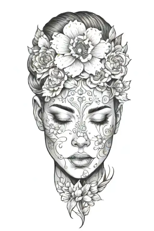 beautiful woman's face with her eyes closed and blossoms all around her  tattoo design idea