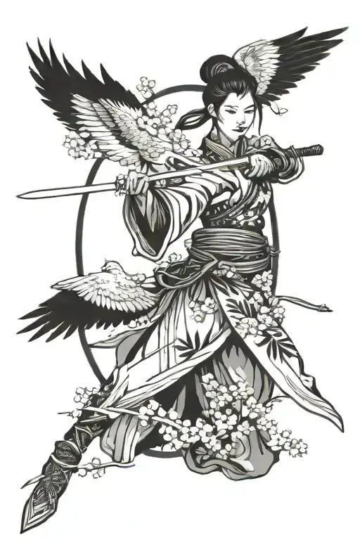 female Chinese warrior holding a sword with cherry blossoms and a crane in the background  tattoo design idea