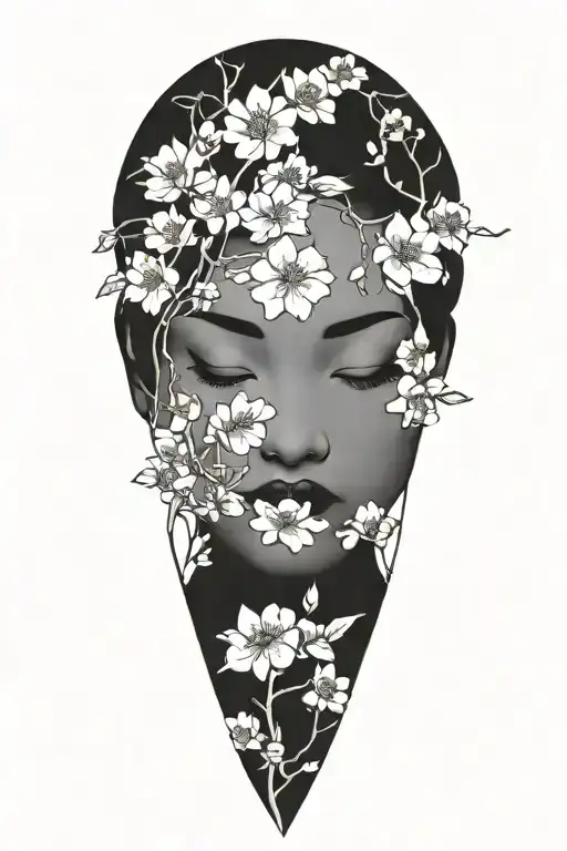 Chinese woman with her eyes closed covered in blossoms branches tattoo design idea