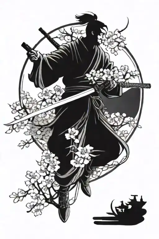 Chinese warrior holding a sword with cherry blossoms and a crane in the background  tattoo design idea