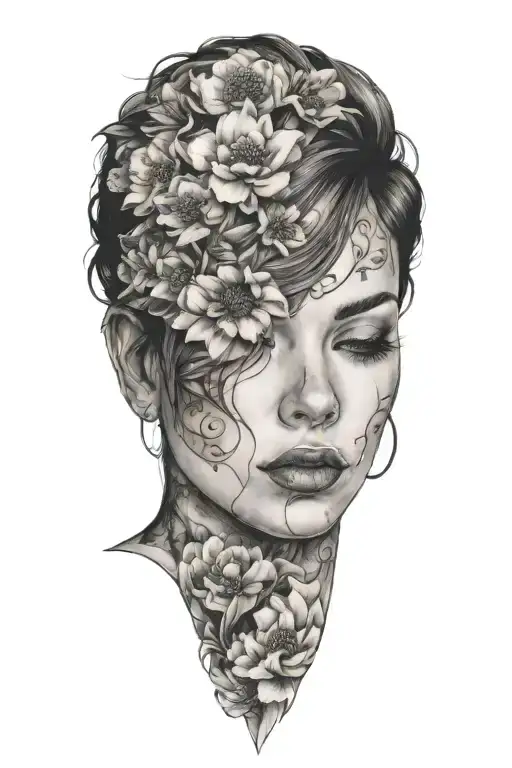 beautiful woman facing forwards with her eyes closed and blossoms all around her  tattoo design idea