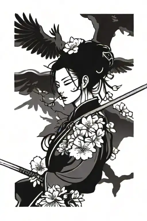 female Chinese warrior holding a sword with cherry blossoms and a crane in the background  tattoo design idea