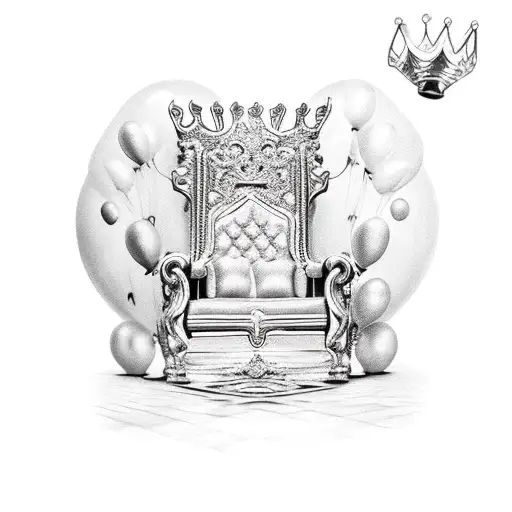 a king's throne pulled up by balloons tattoo design idea