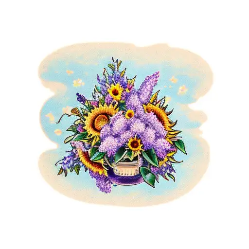 A traditional-style bouquet of lilacs and sunflowers with musical instruments scattered among them tattoo design idea