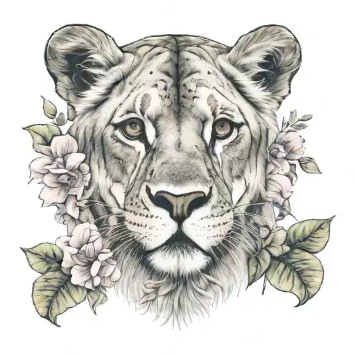please create a feminine tattoo for a mother lioness with two children. include pink floral elements and their strong bo tattoo design idea