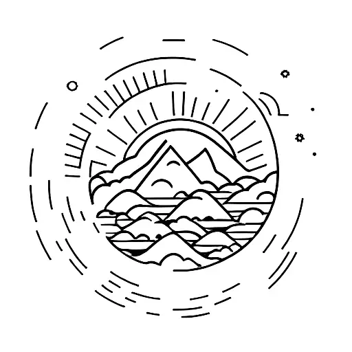 a mountain by the ocean, with the sun on the horizon tattoo design idea