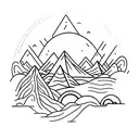 a mountain by the ocean, with the sun on the horizon tattoo design idea
