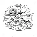 a mountain by the ocean, with the sun on the horizon tattoo design idea