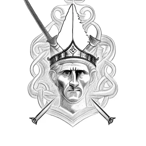 Design a black-grey tattoo of a sword intertwined with Caesar's Crown, symbolizing strength and royalty tattoo design idea