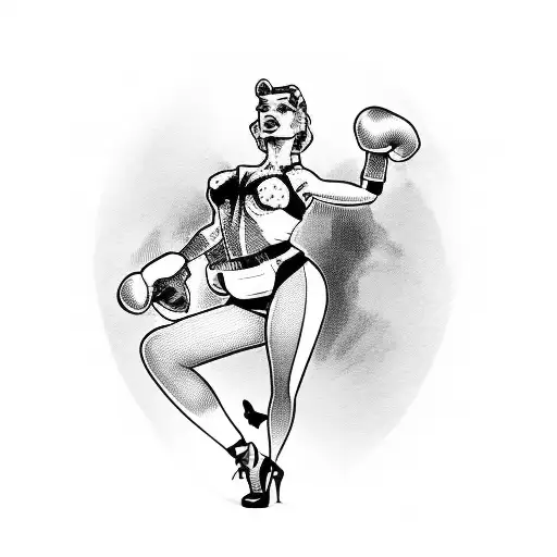 full body pin up girl in burlesque clothing with boxing gloves in background tattoo design idea