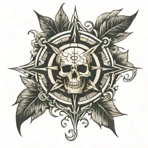 compass rose intertwined with skull face tattoo design idea