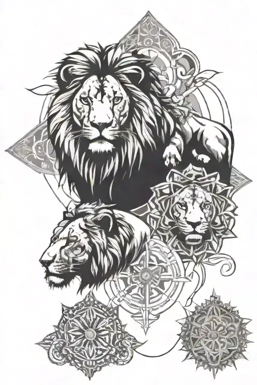 lions and mandalas and cross intertwined tattoo design idea