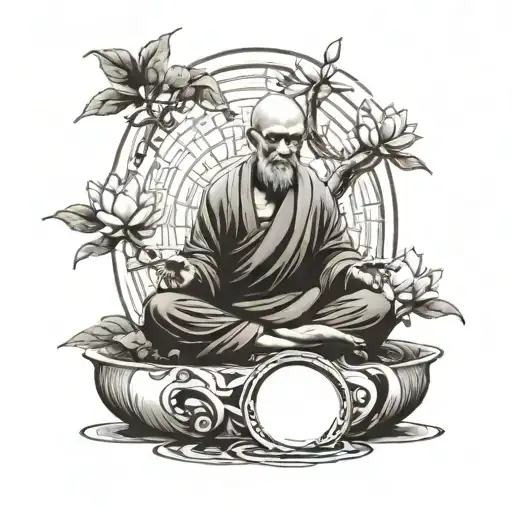monk meditating and lotus flower and yin yang and montessori with bonsai tree shedding its leaves tattoo design idea