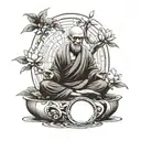 monk meditating and lotus flower and yin yang and montessori with bonsai tree shedding its leaves tattoo design idea
